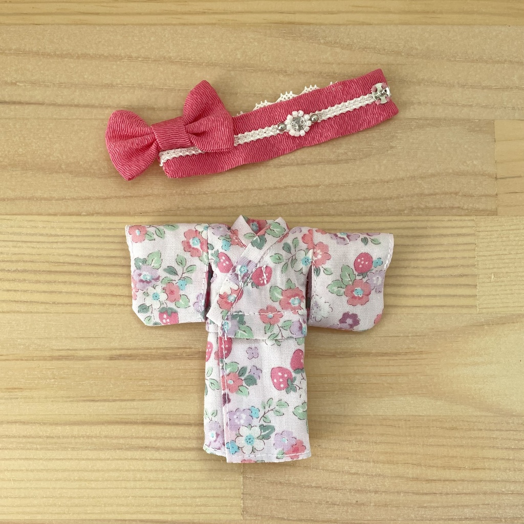 オビツ11・ねんどーる用 浴衣セット 野いちご【ピンク帯】