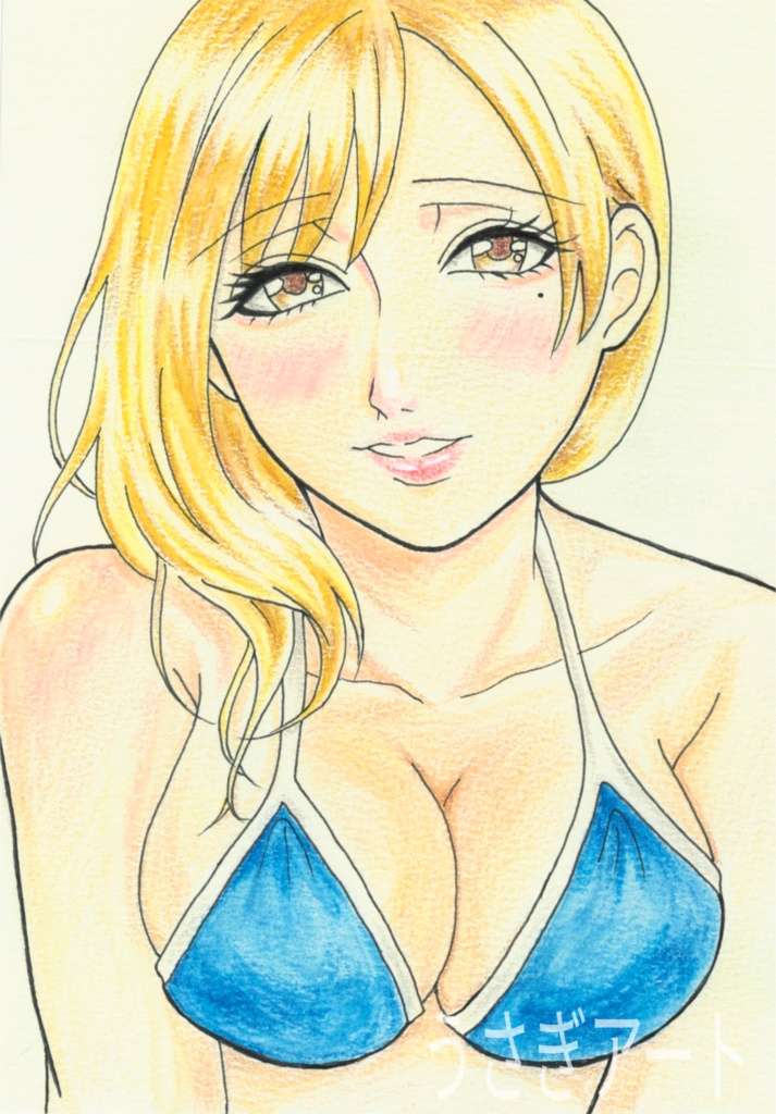 金髪ビキニ少女イラスト｜青水着・夏・オリジナルアート