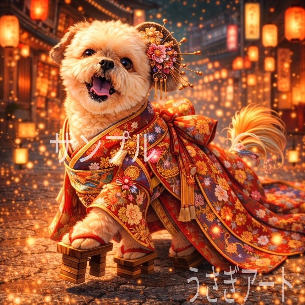 花魁犬｜華やかな夜に舞う小さな花魁｜和風ファンタジーイラスト
