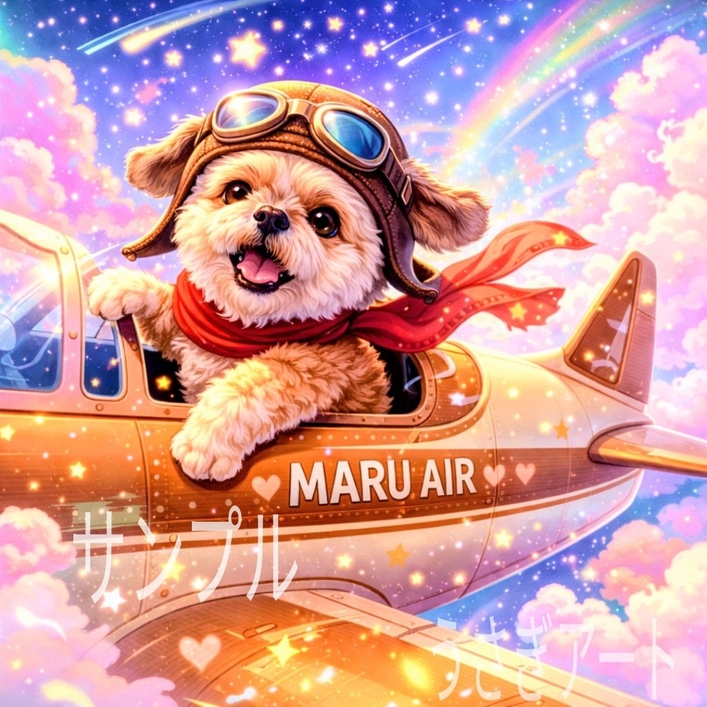 空を旅するわんこ✈️｜飛行機で空を駆ける犬のファンタジーイラスト（デジタルデータ）