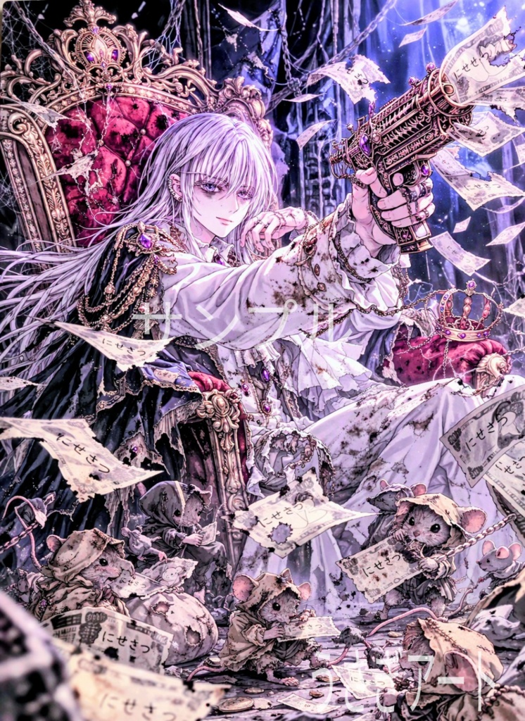 退廃の王座に座る貧乏神｜廃城とネズミたちの契約【高解像度データ／ダークファンタジーAIイラスト】