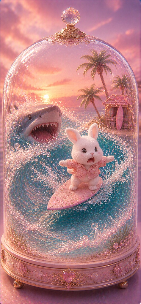 ガラスドームうさぎ 〜サメから逃げるサーファーうさぎ〜 Glass Dome Rabbit - Surfer Bunny Escape