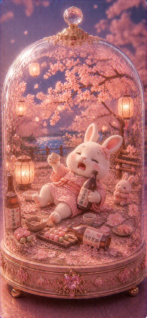 ガラスドームうさぎ 〜お花見で酔っぱらいうさぎ〜 Glass Dome Rabbit - Cherry Blossom Bunny