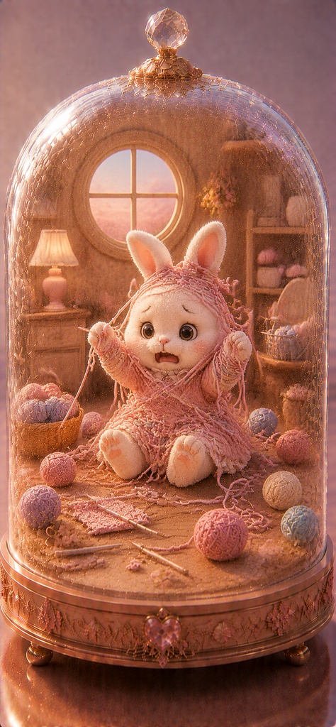 ガラスドームうさぎ 〜編み物でぐるぐるになっちゃったうさぎ〜 Glass Dome Rabbit - Tangled Knitting Bunny