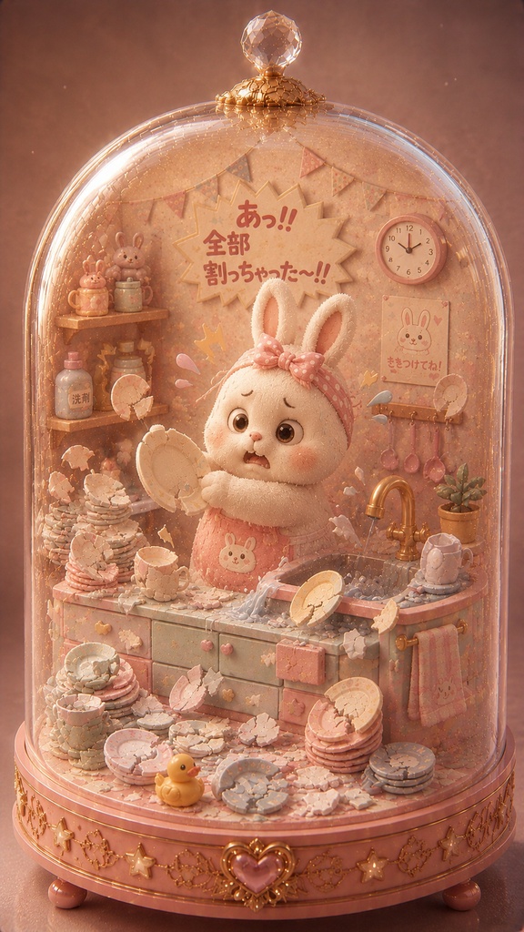 ガラスドームうさぎ 〜お皿全部割っちゃったうさぎ〜 Glass Dome Rabbit - Broken Dishes Bunny