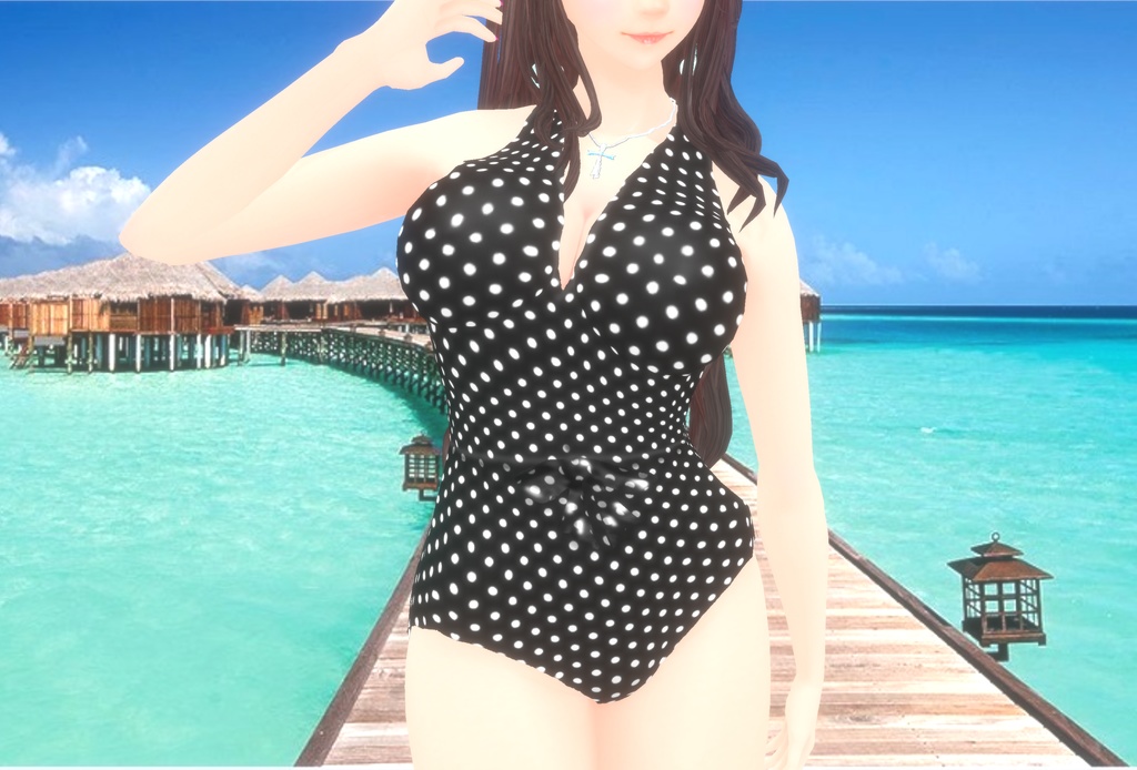 【VRoid衣装】レトロっぽいポルカドットのワンピ水着♡