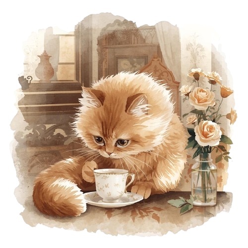 【猫とティータイム】アンティーク風クリップアート10点セット|PNG背景透過