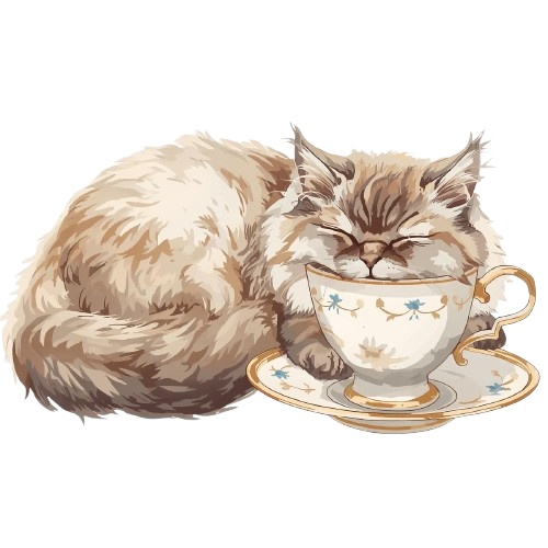 【猫とティータイム】アンティーク風クリップアート10点セット|PNG背景透過