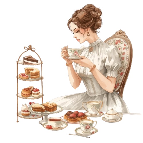 【猫とティータイム】アンティーク風クリップアート10点セット|PNG背景透過