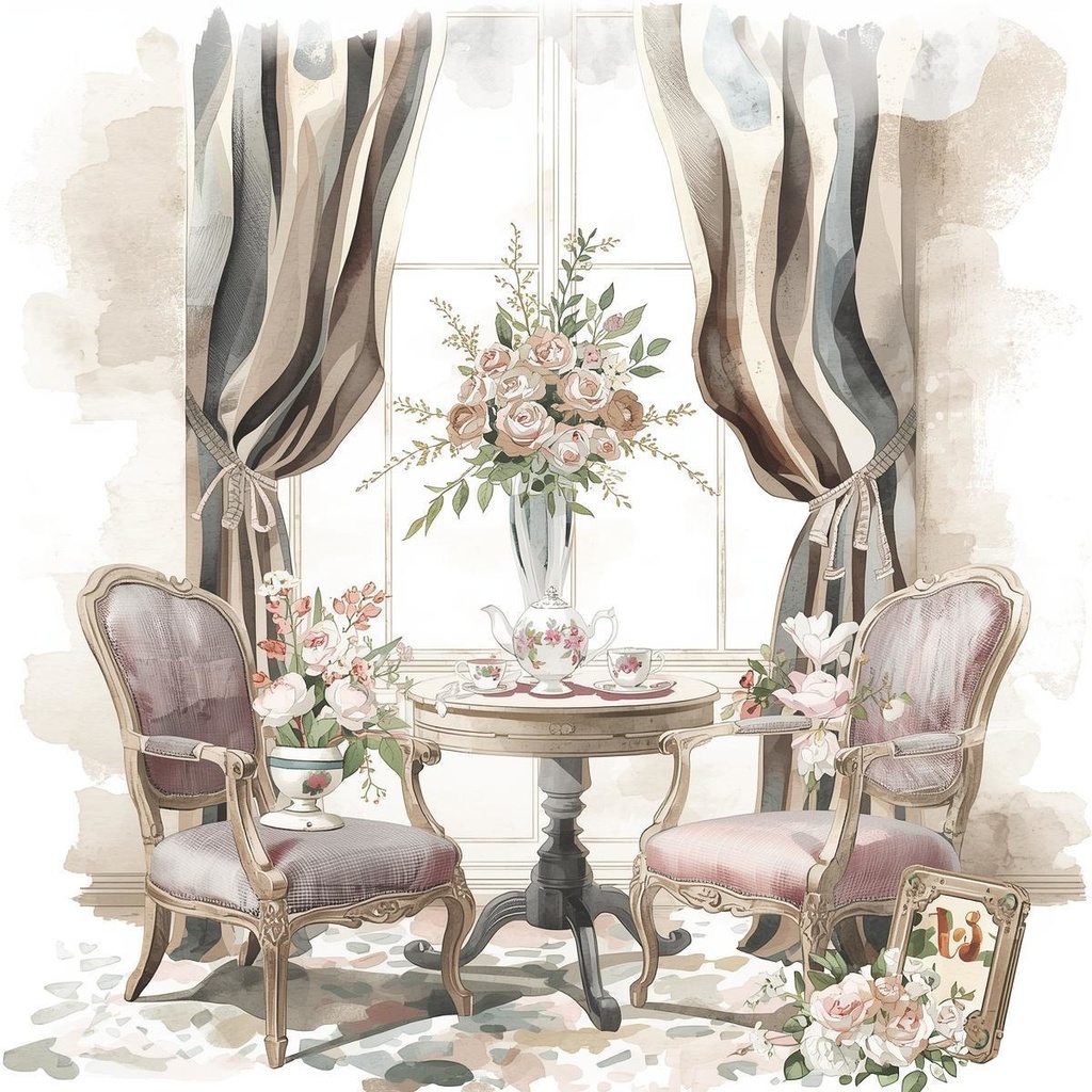 【猫とティータイム】アンティーク風クリップアート10点セット|PNG背景透過