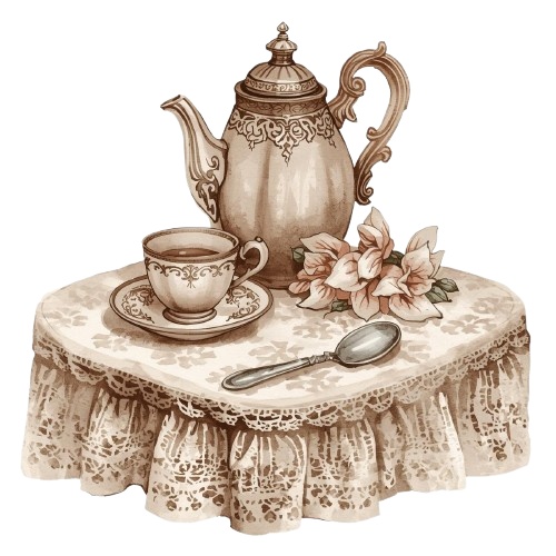 【猫とティータイム】アンティーク風クリップアート10点セット|PNG背景透過