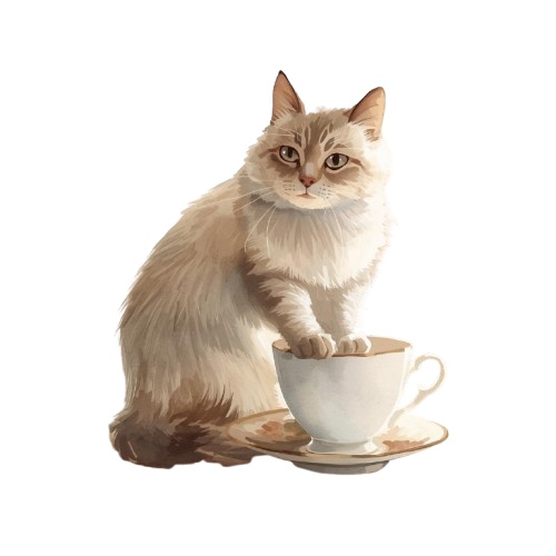 【猫とティータイム】アンティーク風クリップアート10点セット|PNG背景透過