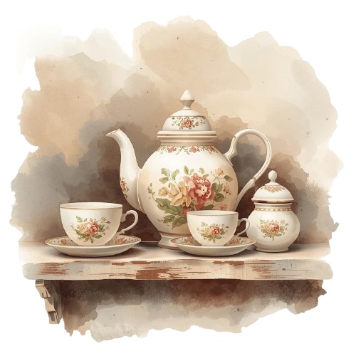 【猫とティータイム】アンティーク風クリップアート10点セット|PNG背景透過