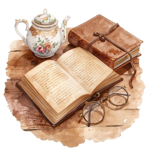 【猫とティータイム】アンティーク風クリップアート10点セット|PNG背景透過