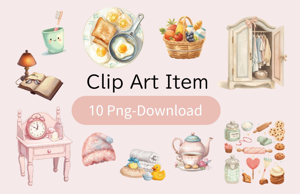 猫の1日 小物〜パステル絵本風クリップアート10点セット|PNG背景透過