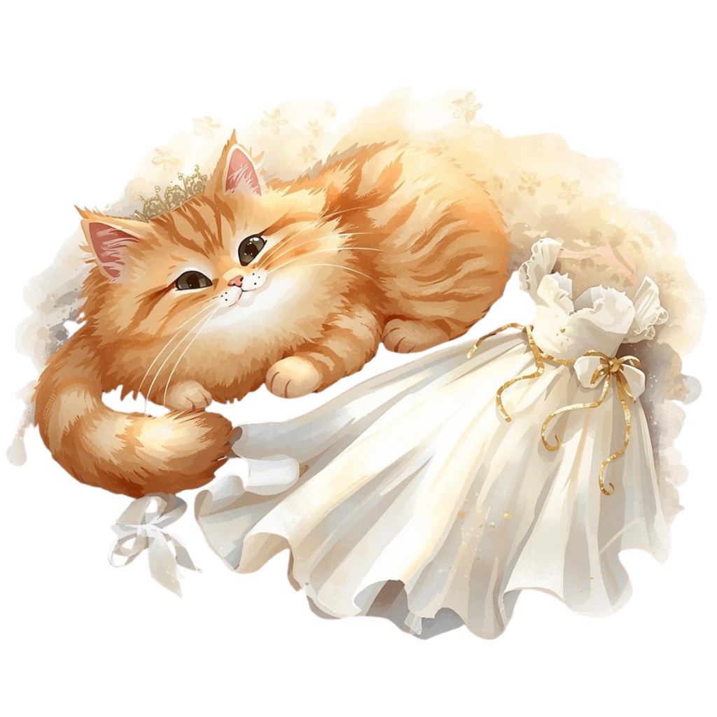 猫の結婚式A 〜パステル絵本風クリップアート13点セット|PNG背景透過