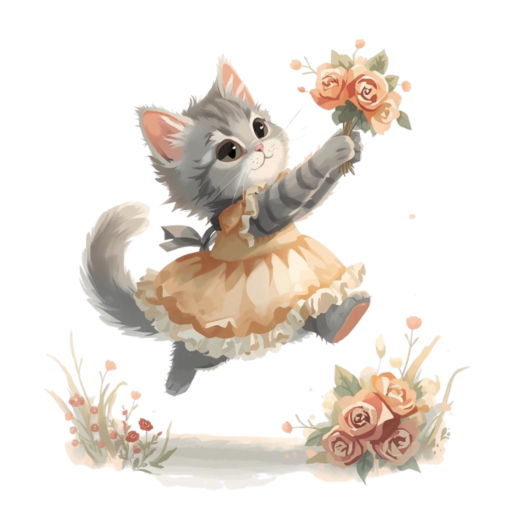 猫の結婚式A 〜パステル絵本風クリップアート13点セット|PNG背景透過