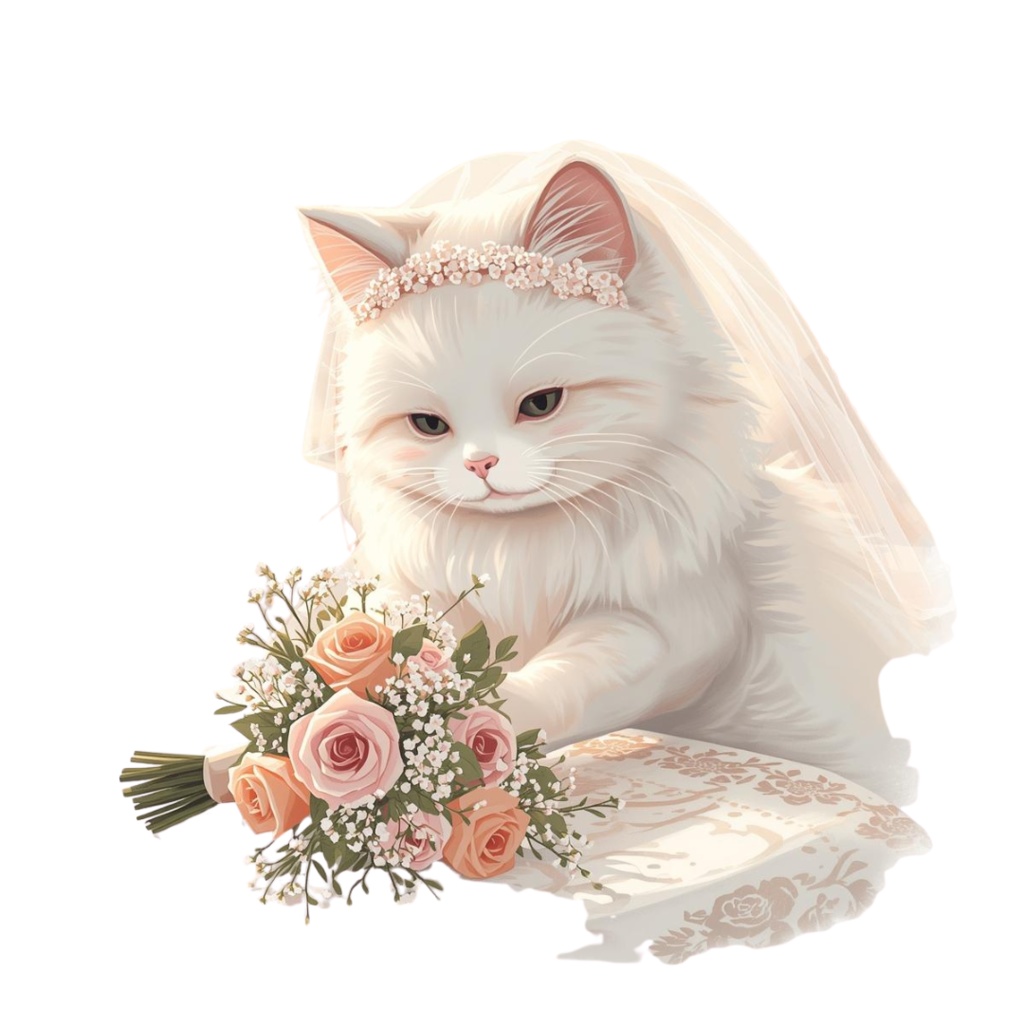 猫の結婚式A 〜パステル絵本風クリップアート13点セット|PNG背景透過