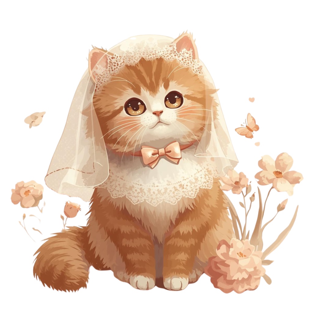 猫の結婚式A 〜パステル絵本風クリップアート13点セット|PNG背景透過