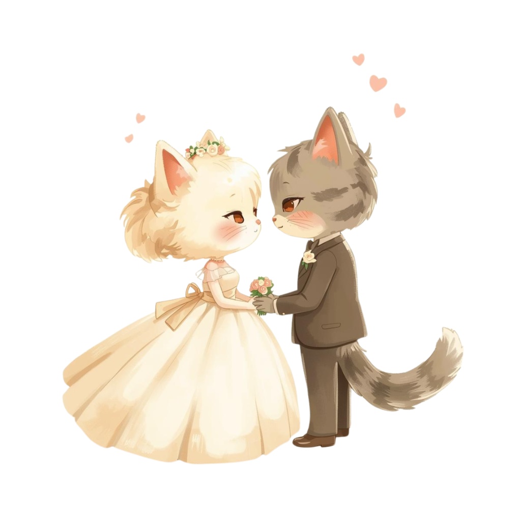 猫の結婚式A 〜パステル絵本風クリップアート13点セット|PNG背景透過