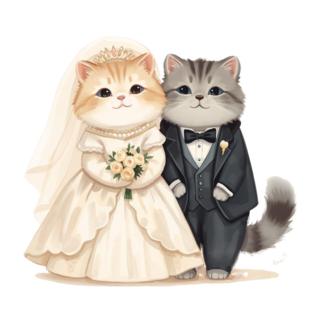 猫の結婚式A 〜パステル絵本風クリップアート13点セット|PNG背景透過