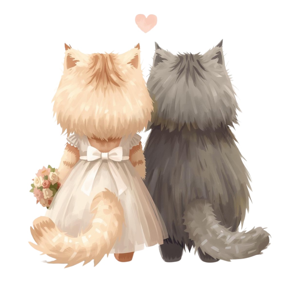 猫の結婚式A 〜パステル絵本風クリップアート13点セット|PNG背景透過