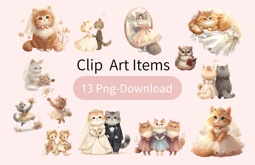 猫の結婚式A 〜パステル絵本風クリップアート13点セット|PNG背景透過
