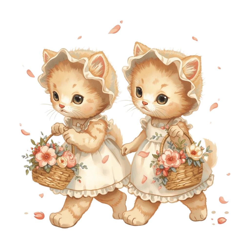 猫の結婚式A 〜パステル絵本風クリップアート13点セット|PNG背景透過