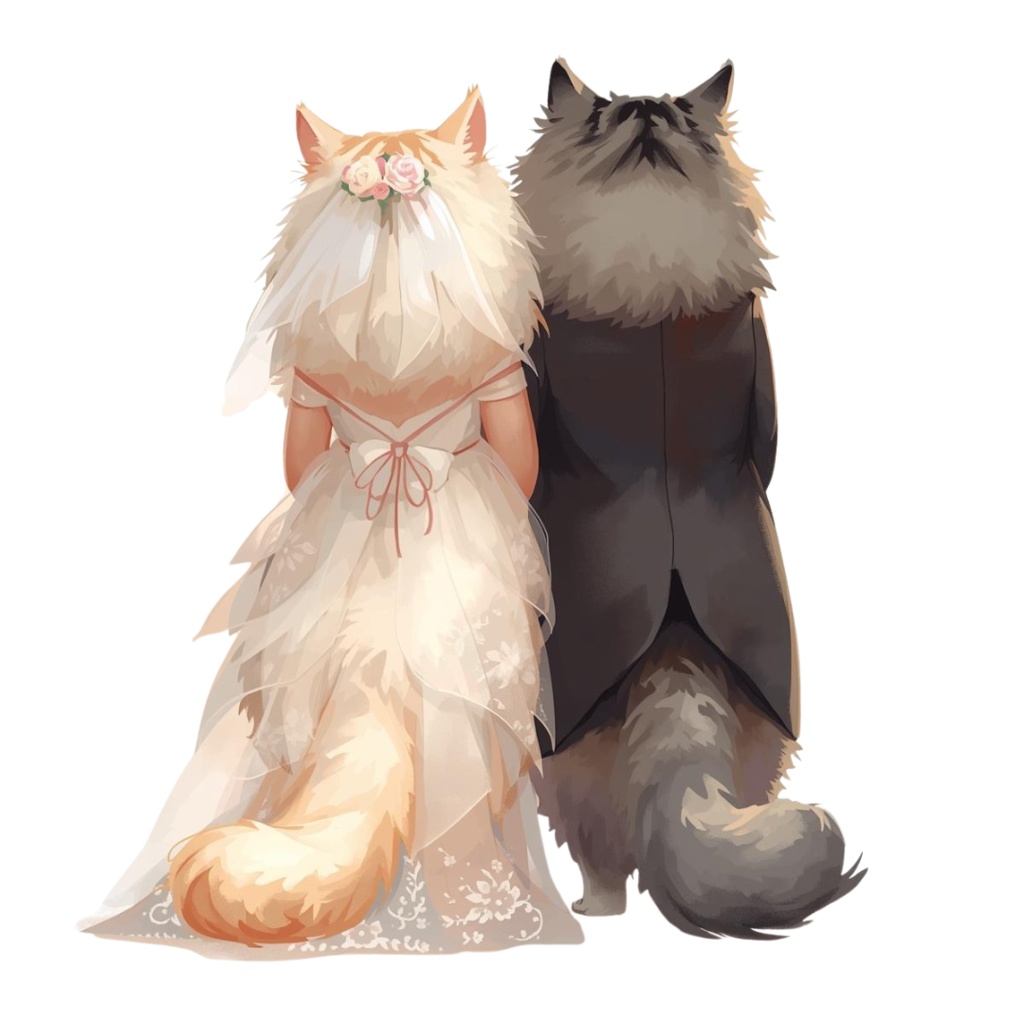 猫の結婚式B 〜パステル絵本風クリップアート13点セット|PNG背景透過