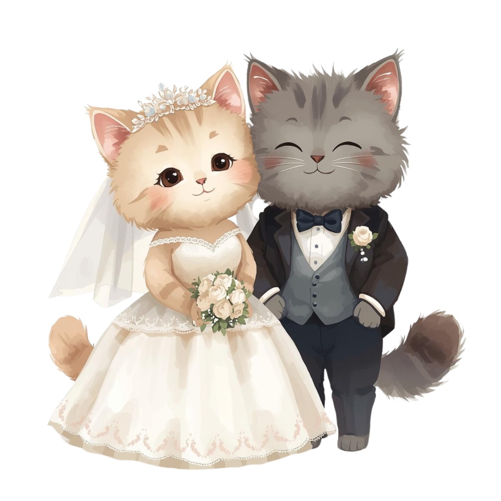 猫の結婚式B 〜パステル絵本風クリップアート13点セット|PNG背景透過