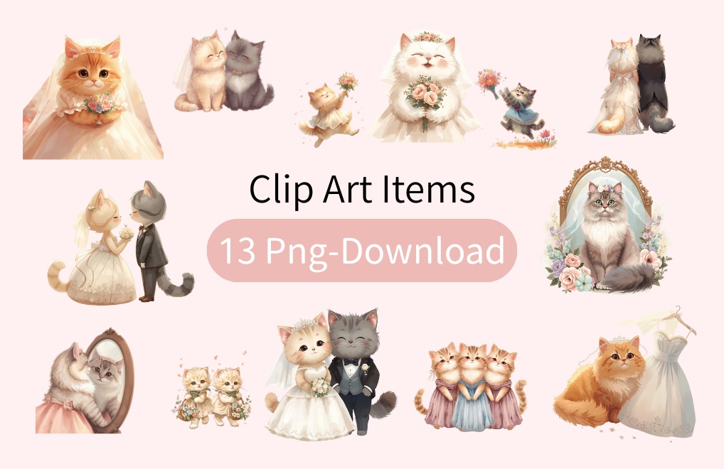 猫の結婚式B 〜パステル絵本風クリップアート13点セット|PNG背景透過