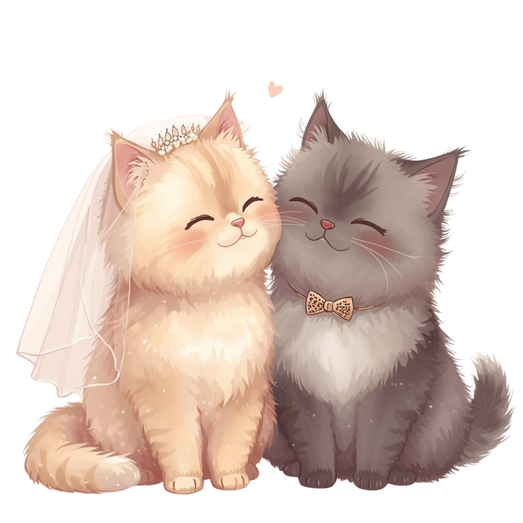 猫の結婚式B 〜パステル絵本風クリップアート13点セット|PNG背景透過