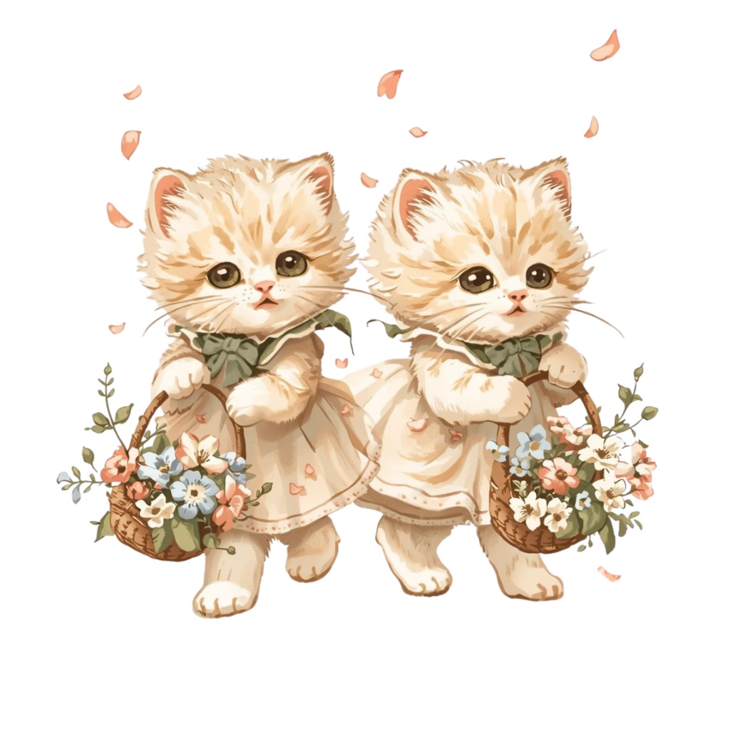 猫の結婚式B 〜パステル絵本風クリップアート13点セット|PNG背景透過