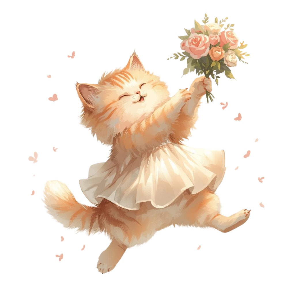 猫の結婚式B 〜パステル絵本風クリップアート13点セット|PNG背景透過