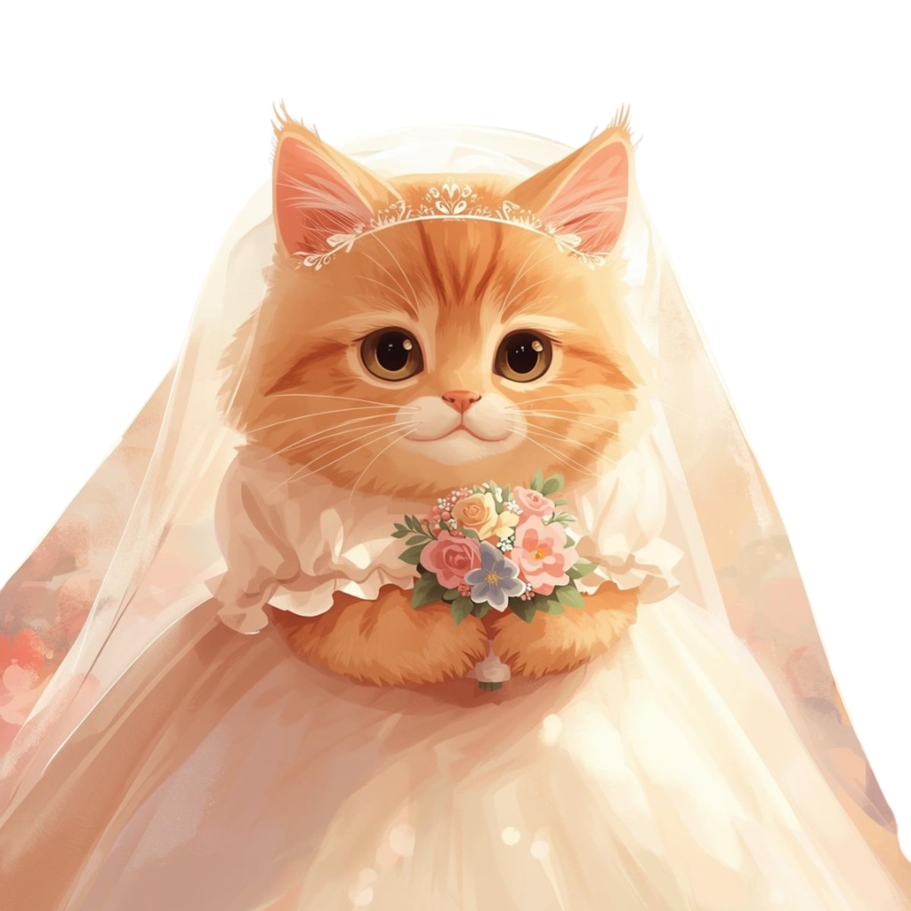 猫の結婚式B 〜パステル絵本風クリップアート13点セット|PNG背景透過