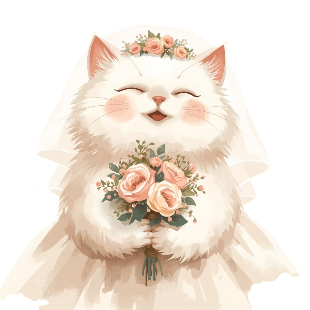 猫の結婚式B 〜パステル絵本風クリップアート13点セット|PNG背景透過