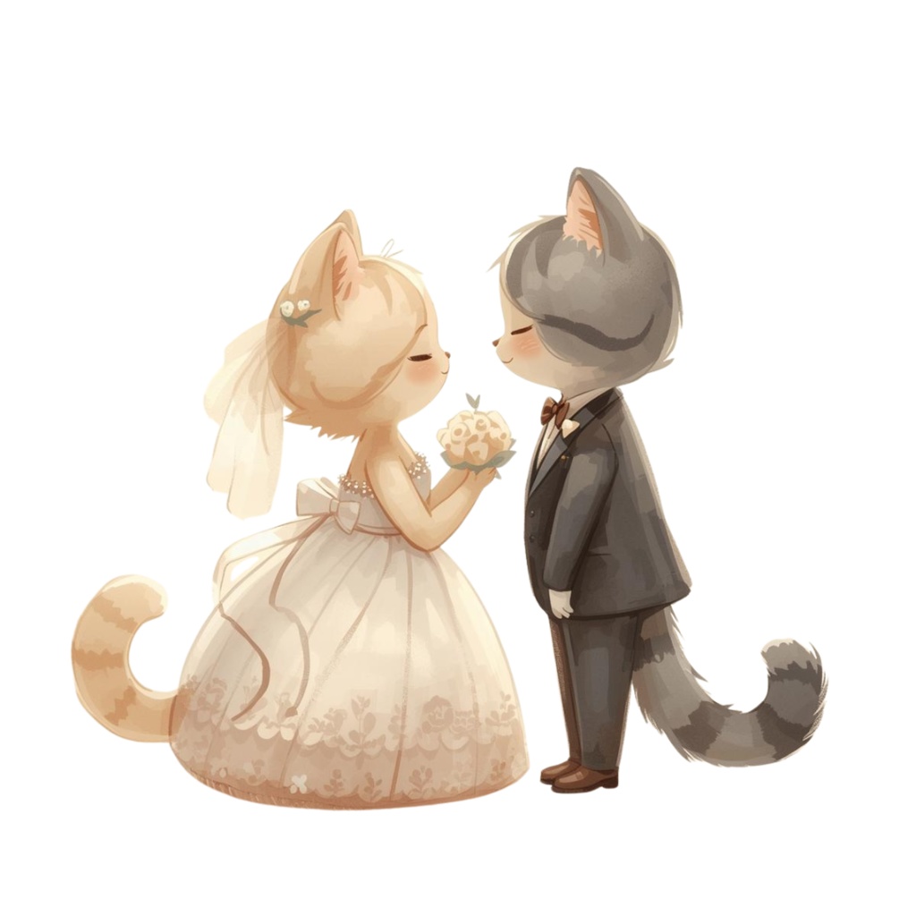 猫の結婚式B 〜パステル絵本風クリップアート13点セット|PNG背景透過