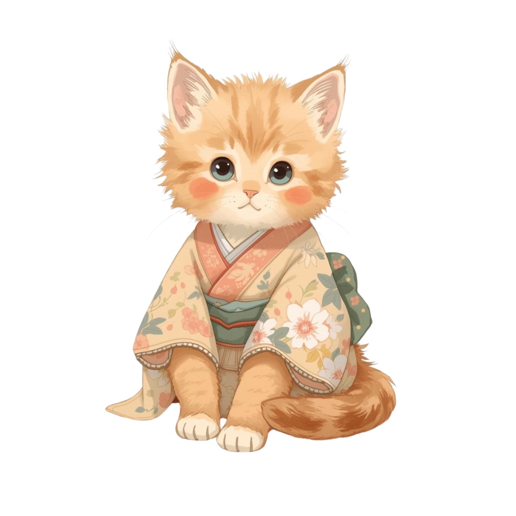 猫の和ppiness A 〜パステル絵本風クリップアート11点セット|PNG背景透過