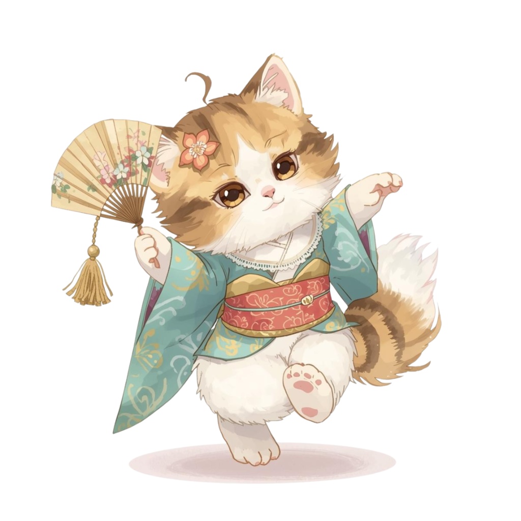 猫の和ppiness A 〜パステル絵本風クリップアート11点セット|PNG背景透過