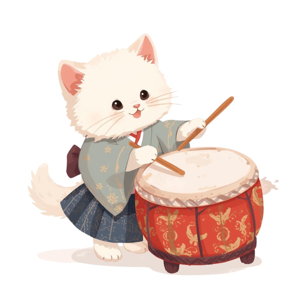 猫の和ppiness A 〜パステル絵本風クリップアート11点セット|PNG背景透過