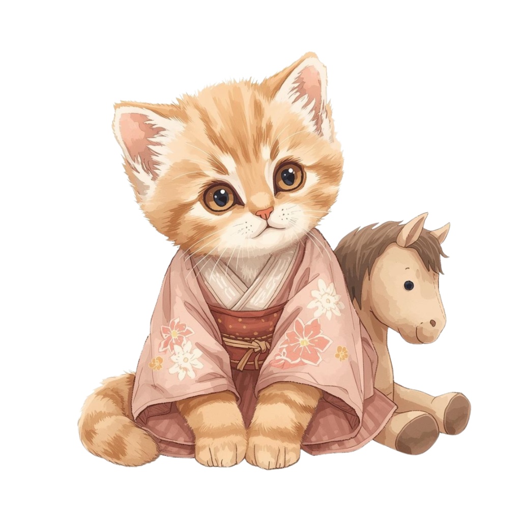 猫の和ppiness A 〜パステル絵本風クリップアート11点セット|PNG背景透過