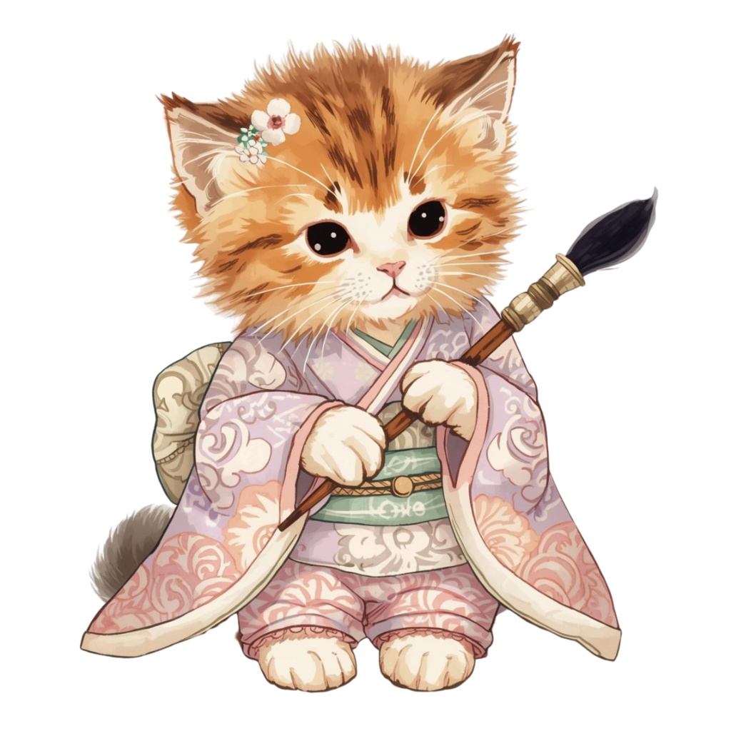 猫の和ppiness A 〜パステル絵本風クリップアート11点セット|PNG背景透過