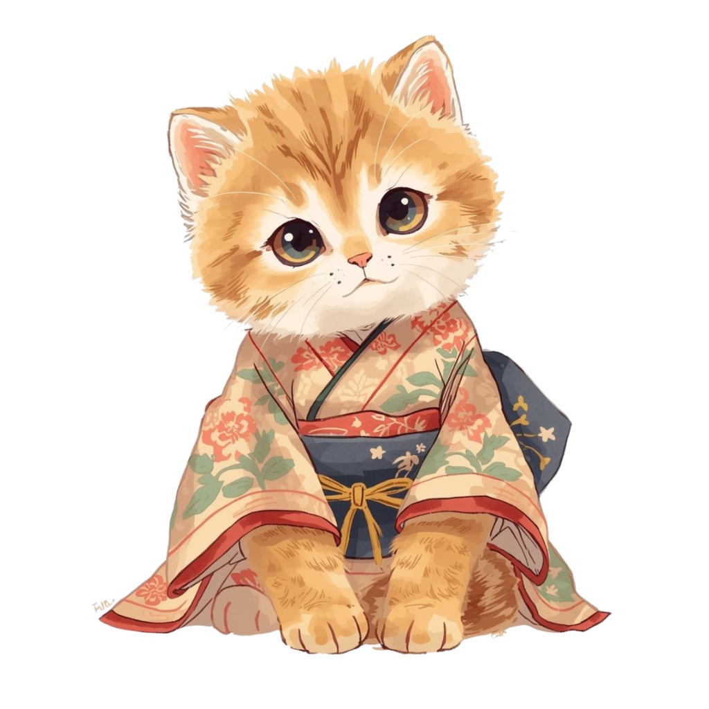 猫の和ppiness A 〜パステル絵本風クリップアート11点セット|PNG背景透過