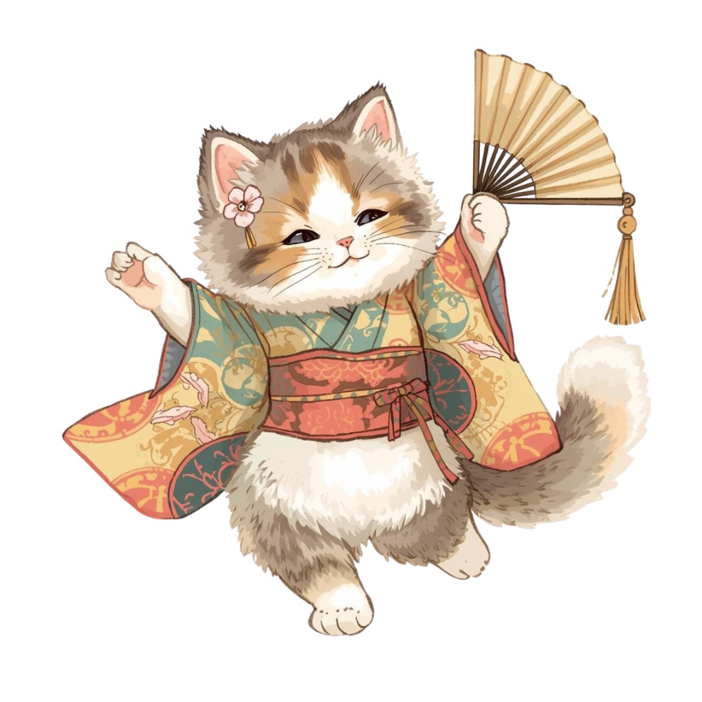 猫の和ppiness A 〜パステル絵本風クリップアート11点セット|PNG背景透過