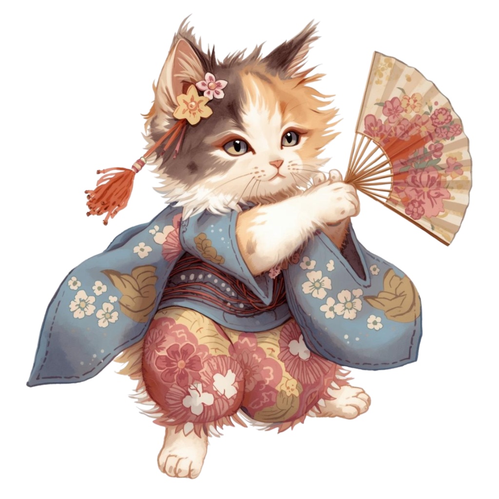 猫の和ppiness B〜パステル絵本風クリップアート10点セット|PNG背景透過