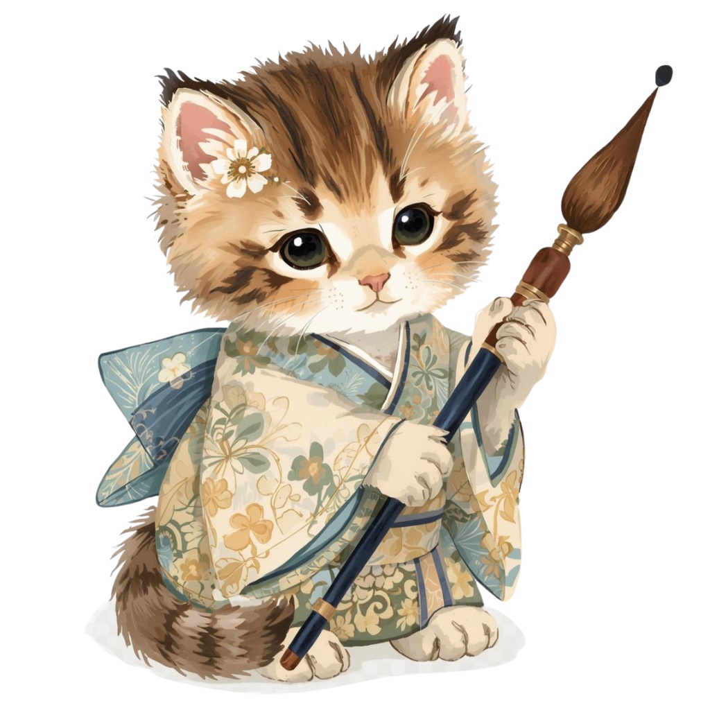 猫の和ppiness B〜パステル絵本風クリップアート10点セット|PNG背景透過