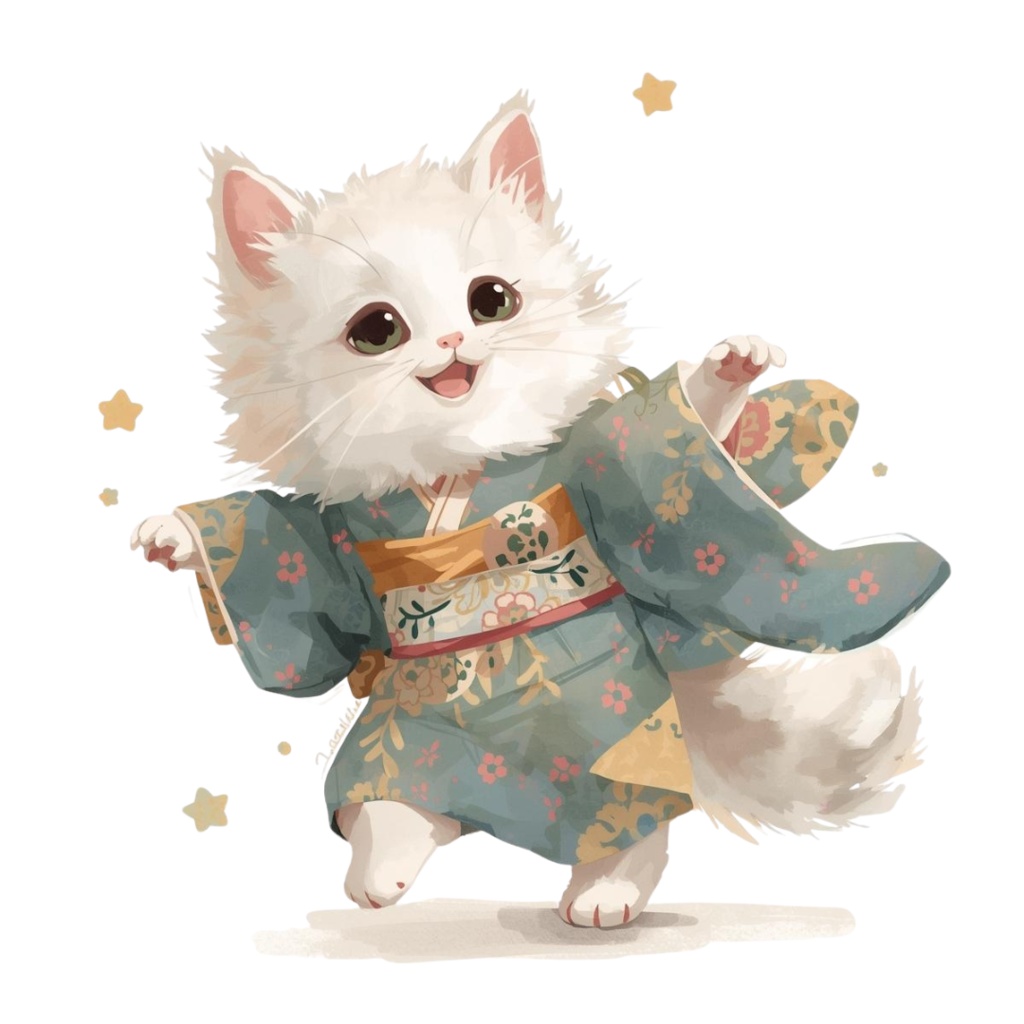 猫の和ppiness B〜パステル絵本風クリップアート10点セット|PNG背景透過