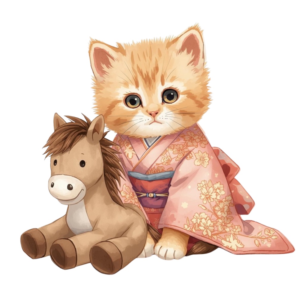 猫の和ppiness B〜パステル絵本風クリップアート10点セット|PNG背景透過