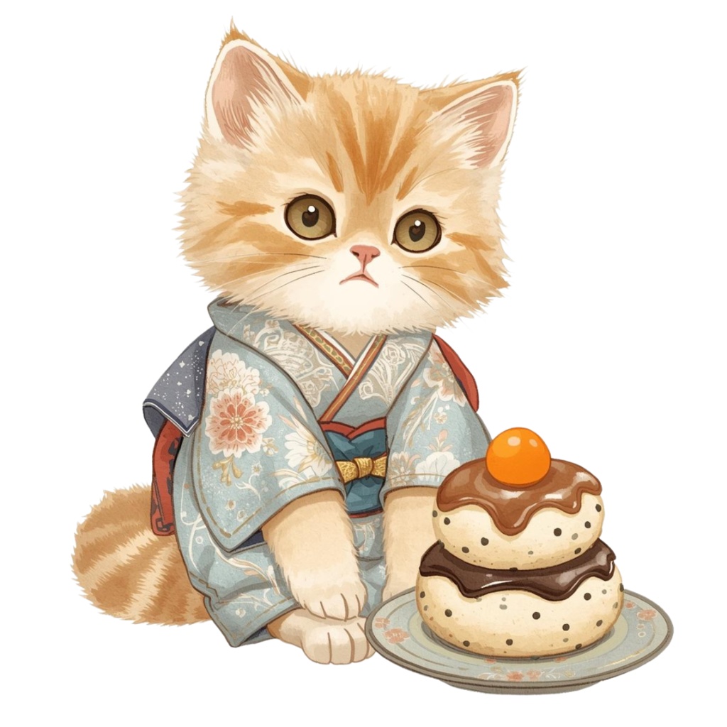 猫の和ppiness B〜パステル絵本風クリップアート10点セット|PNG背景透過