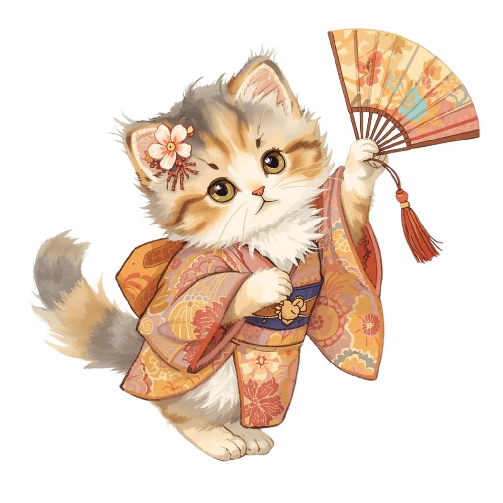 猫の和ppiness B〜パステル絵本風クリップアート10点セット|PNG背景透過